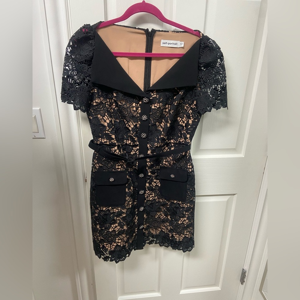 Self-Portrait Black and Tan Lace Mini Dress